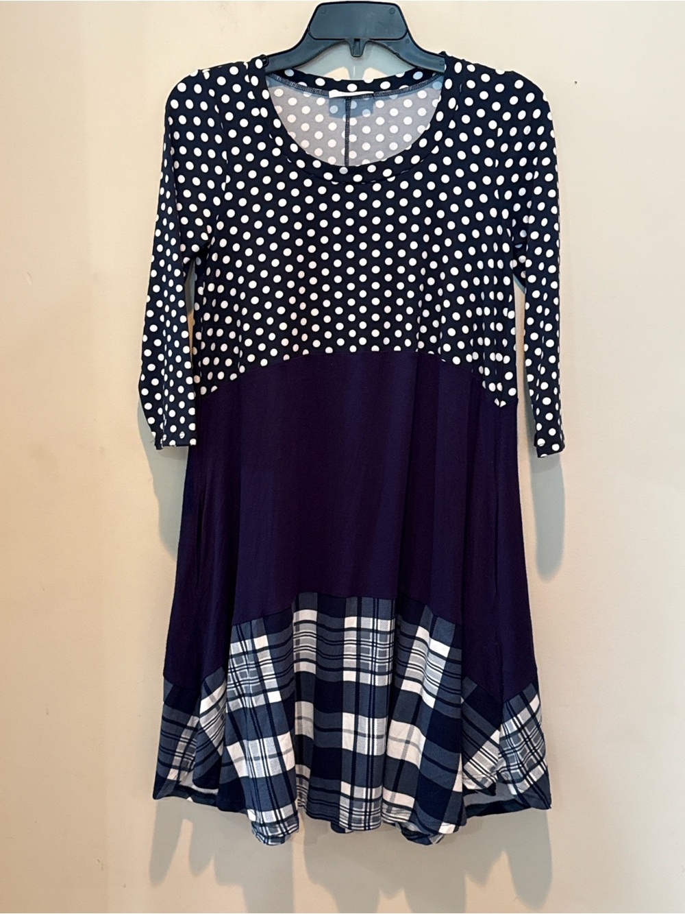 Polka Dot & Plaid Navy Casual Swing Dress